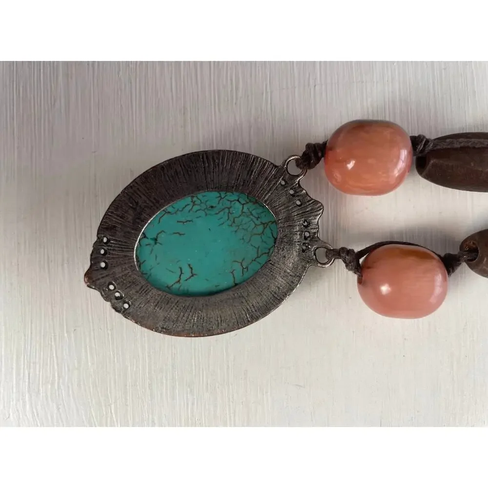 Vintage Faux Turquoise Necklace Howlite Glass Wood Metal Beading Leather Cord‎